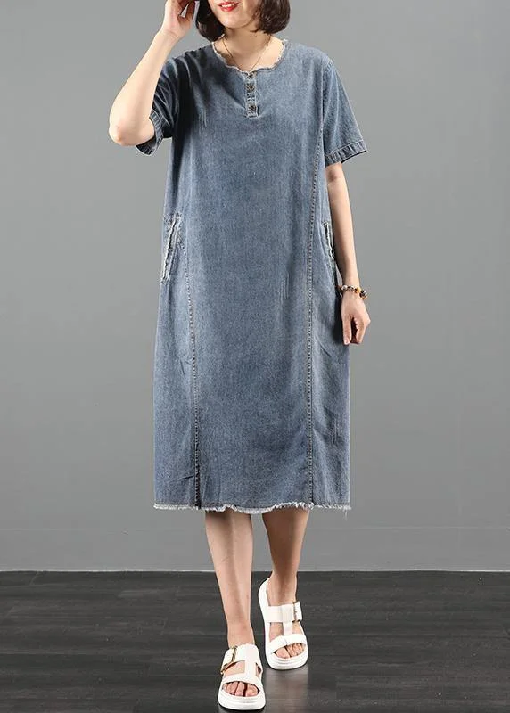 Handmade o neck pockets Wardrobes Fabrics denim blue Dresses High Rise Denim Skirt