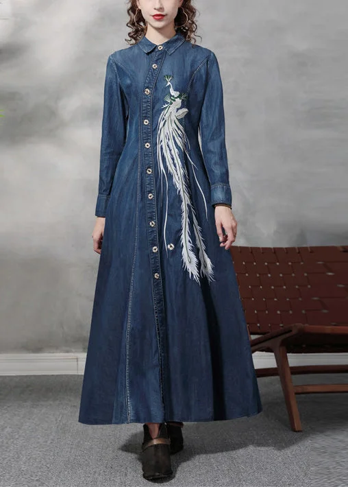 Slim Fit Blue Peter Pan Collar Button Waist retraction Embroideried Cotton Denim Dresses Long Sleeve Ripped Denim Skirt