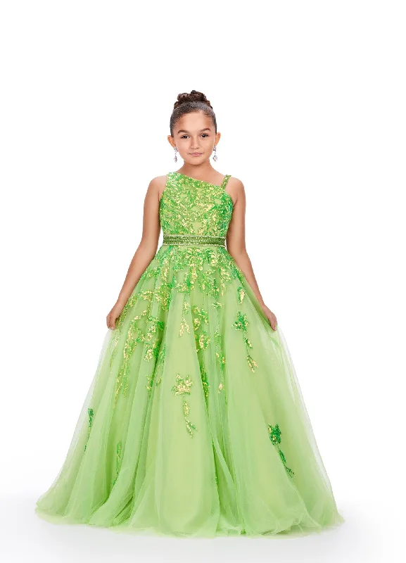 Ashley Lauren Kids 8240 Size 6 Neon Green Girls Long Tulle Sequin Lace Ballgown Pageant Dress One Shoulder Sequin Dress Vibe