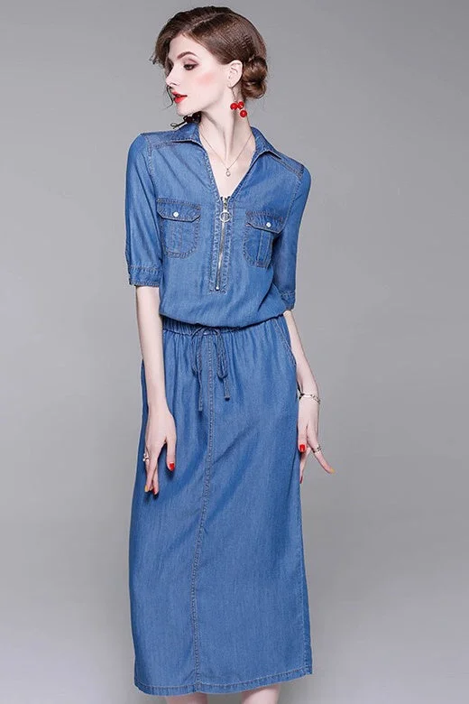 Denim Midi Dress W/ Belt Chic Denim Skirt