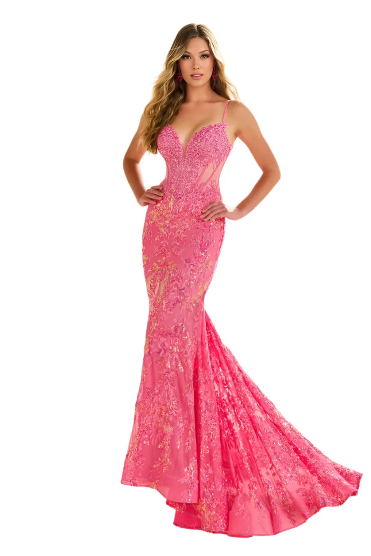 Ellie Wilde EW36003 Size 8 Hot Pink Sheer Corset Sequin Mermaid Backless Prom Dress Pageant Evening Gown Sexy Sequin Dress