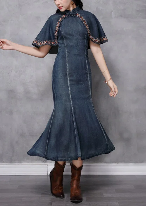 Vintage Blue Mandarin Collar Ruffled Cotton Long Denim Dress Cloak sleeve Black Denim Skirt