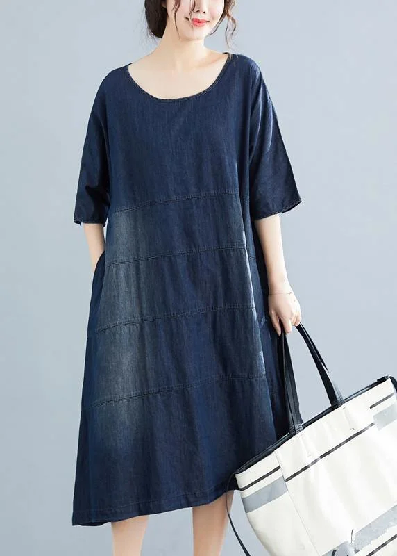 Natural denim blue Cotton outfit 18th Century Catwalk o neck Midi Summer Dresses High-Waisted Denim Skirt