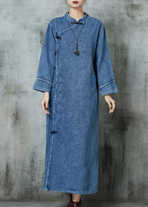 Vintage Blue Mandarin Collar Chinese Button Denim Dresses Spring Raw Hem Denim