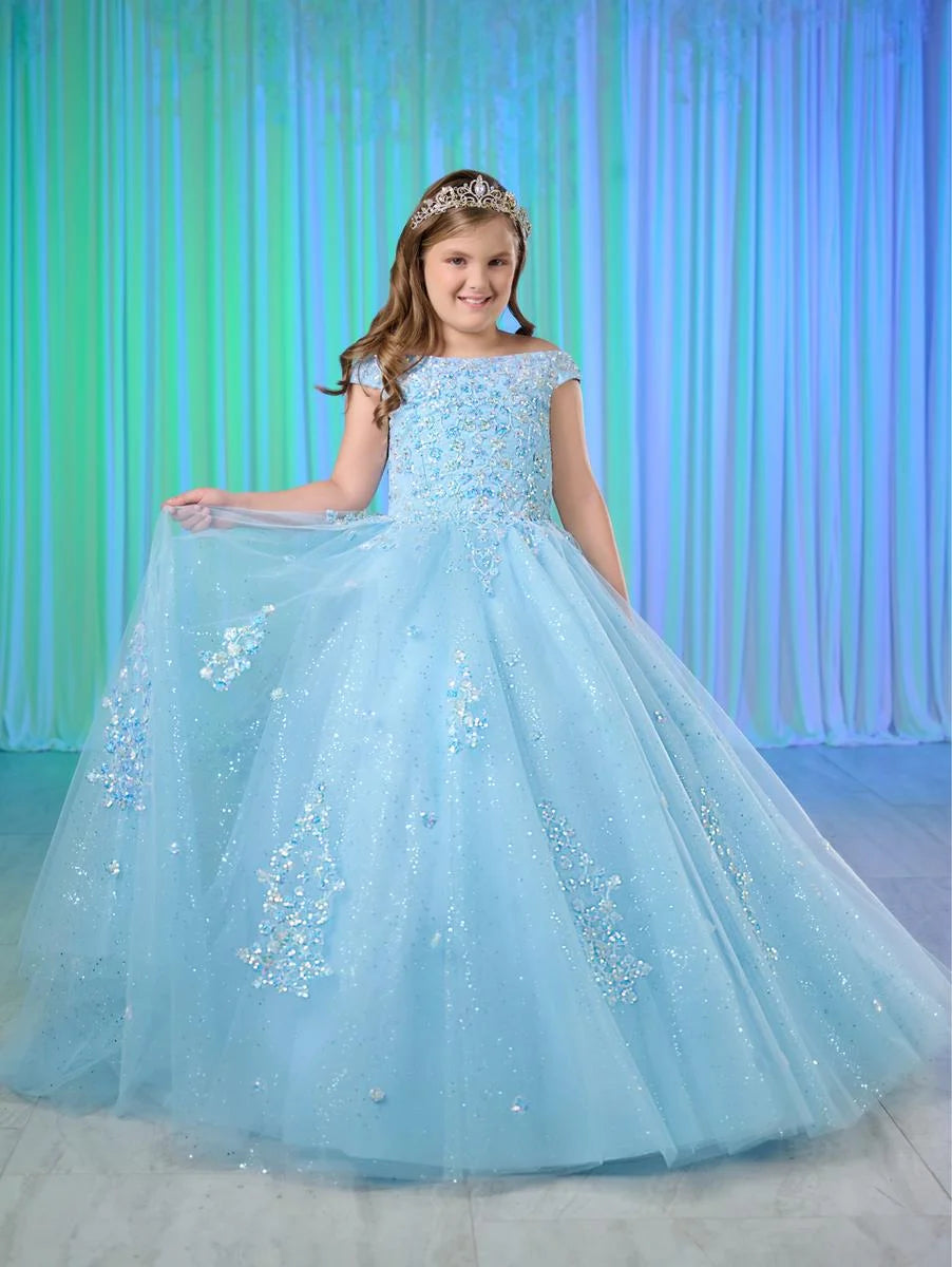 Tiffany Princess 13764 Size 6 Sky Girls Pageant Dress Off the shoulder Sequin Shimmer Ball Gown Plus Size Sequin