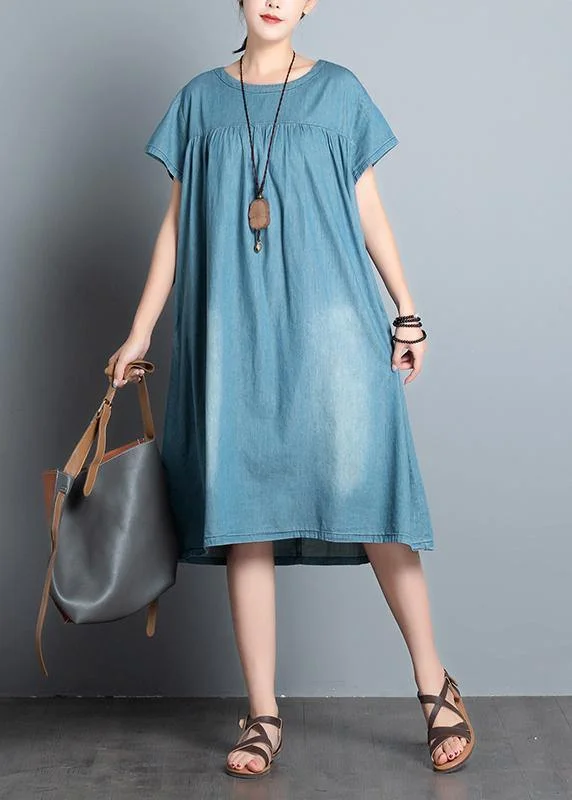 Handmade denim blue quilting clothes o neck patchwork daily summer Dress Ripped Front Denim Skirt