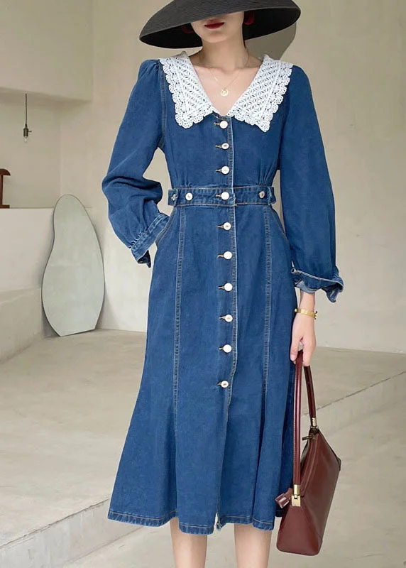 Boho Dark Blue slim fit Button denim Dress Spring Cute Denim Skirt