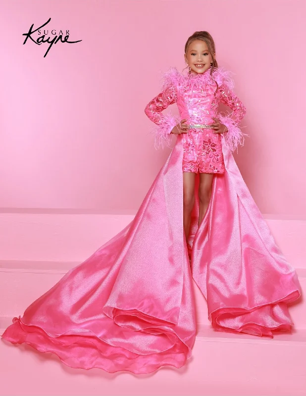 Sugar Kayne C339  Girls Sequin Mesh Romper Preteen Long Sleeve Feathers Pageant Overskirt Colorful Sequin Dress