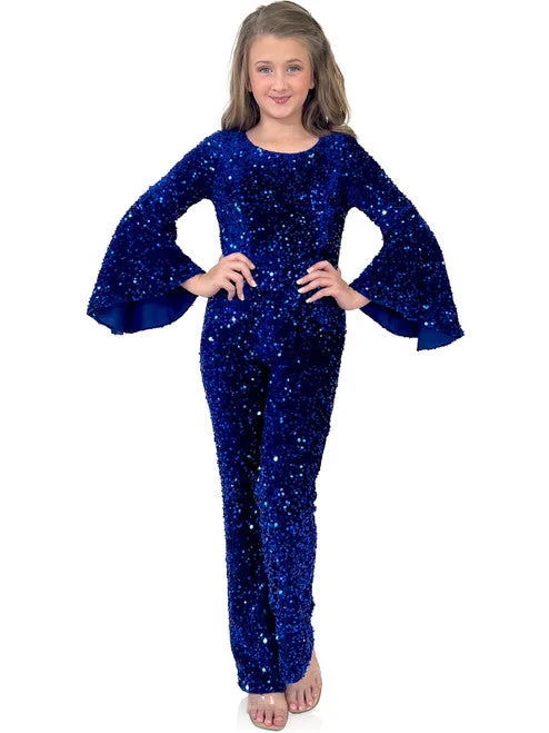 Marc Defang 8225K Girls Velvet Sequin Pageant Jumpsuit Long Bell Sleeve Fun Fashion Sequin Dress Party