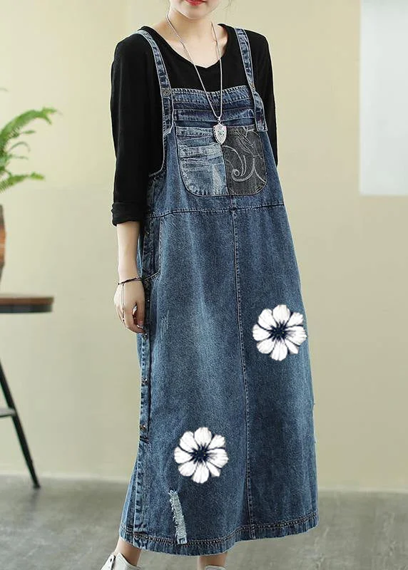 Vivid denim blue-white flowers tunic dress Slash neck Hole Maxi Dress Denim Skirt Dress