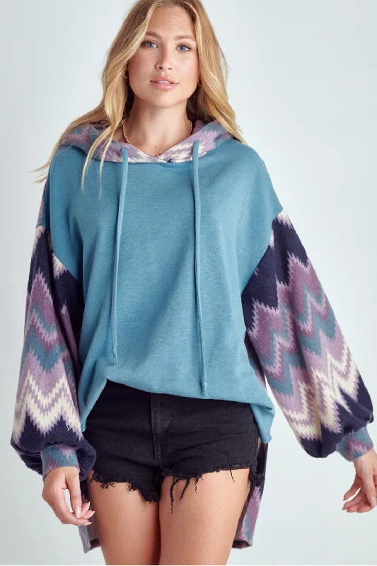 Zig Zag Print Teal Hoodie Sweatshirt Casual Hoodie Style