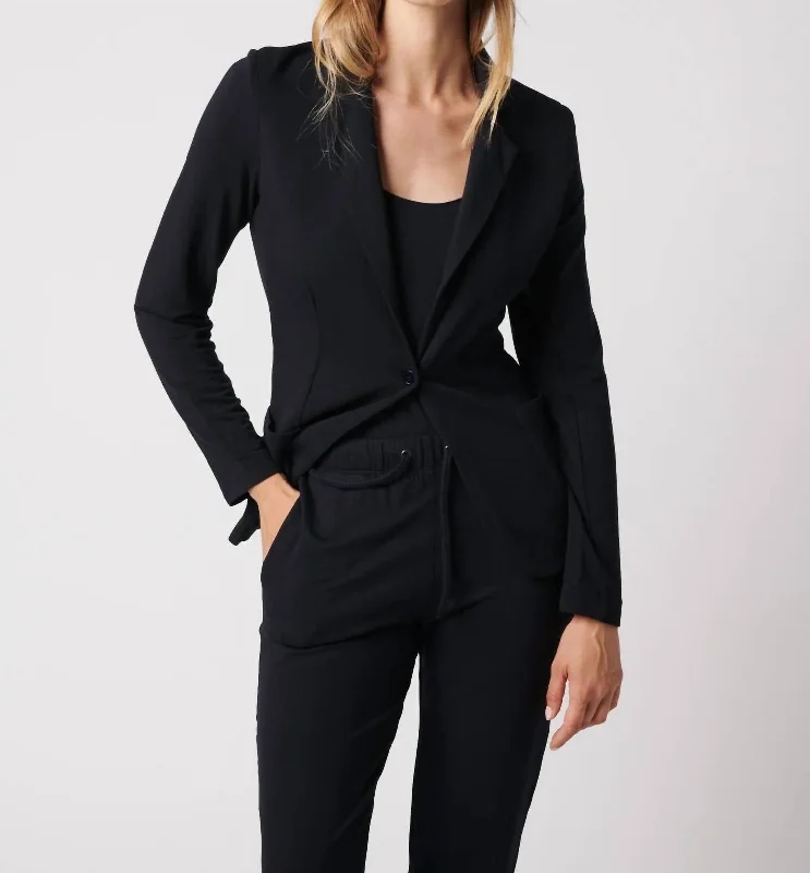 French Terry Fleece One-Button Blazer In Black Blazer for Smart Casual