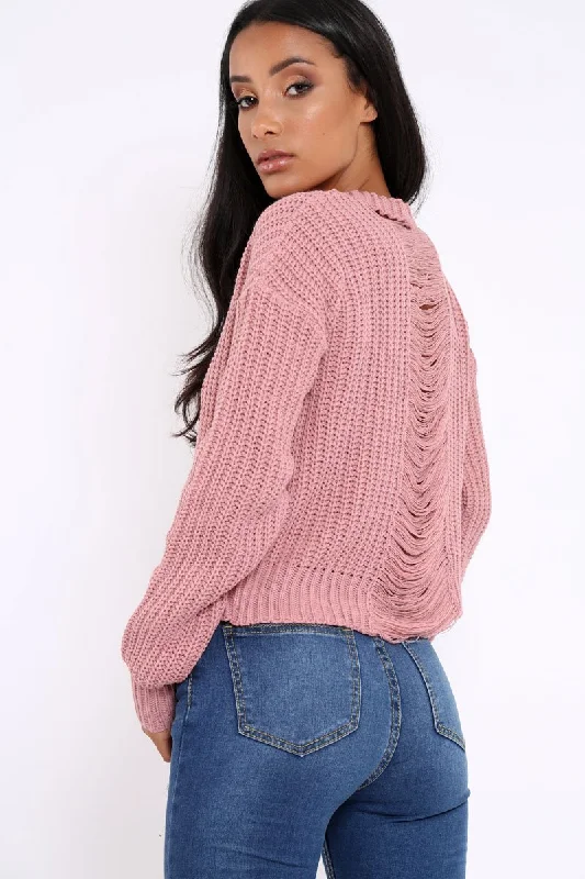 Rose Chunky Knit Distressed Jumper - Bella Classic Women’s Pullover