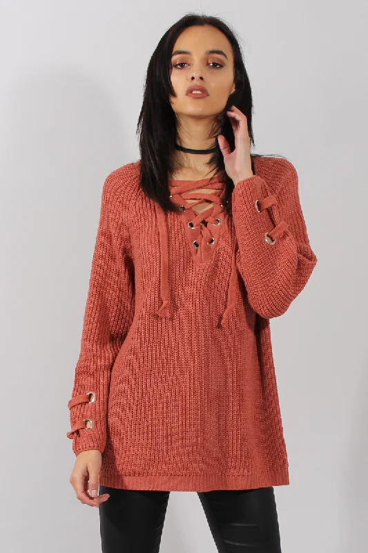 Rust Knit Lace Up Long Line Jumper - Cassie Lightweight Pullover Sweater