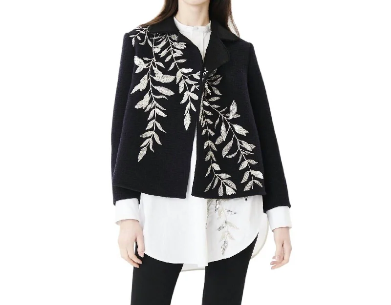 Beaded Embroidery Open Front Wool Blazer In Black Women’s Blazer with Pleats