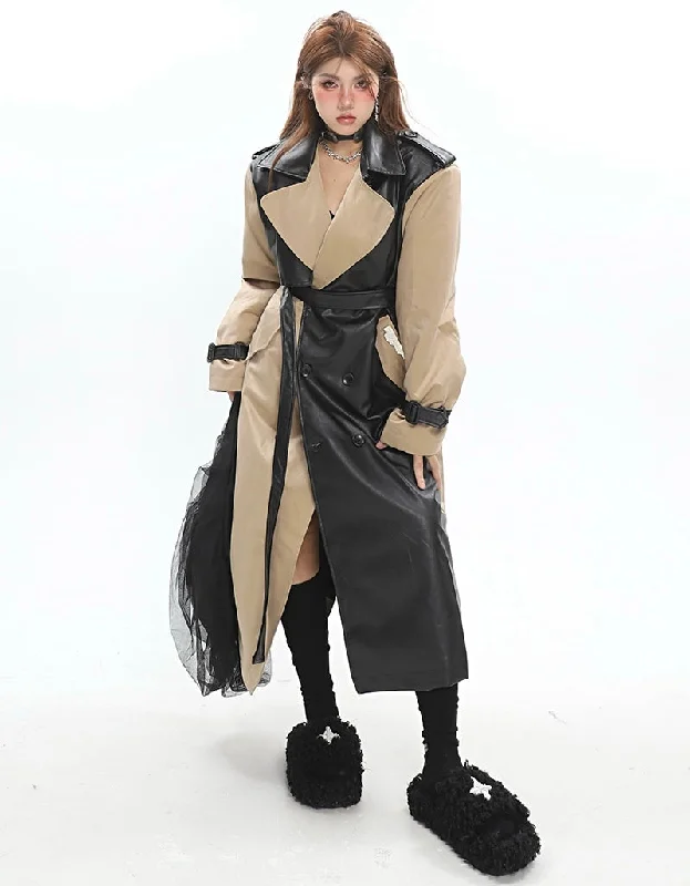 Lilliana Black Brown Patchwork Button Up Long Pu Leather Coat