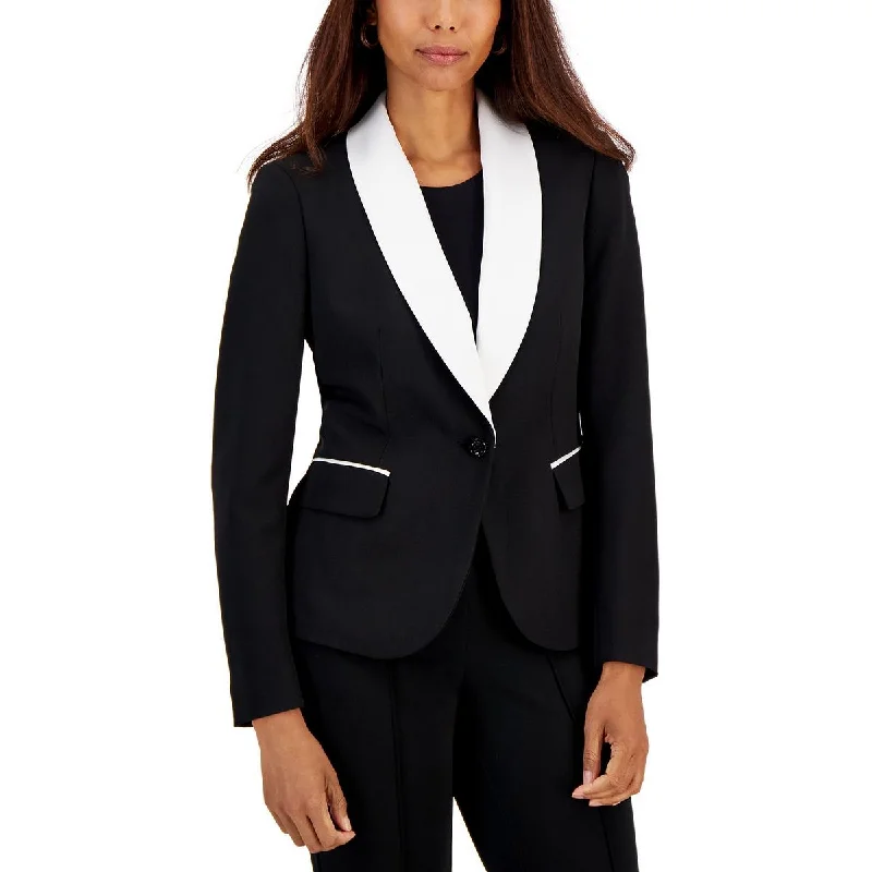 Petites Womens Contrast Trim Office One-Button Blazer Office Blazer Style