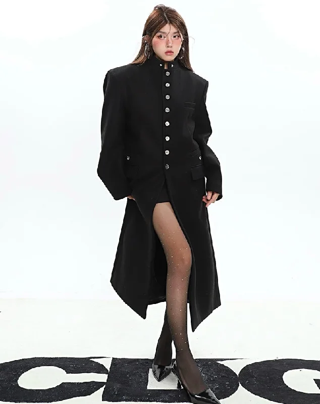 Greta Solid Color Black Button Up Long Sleeve Long Coat