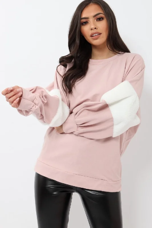 Rose Jumper with White Fur Sleeves - Stephanie Pullover with Zipper