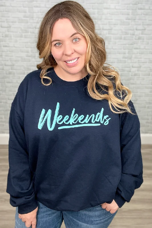 Navy and Aqua "Weekends" Sweatshirt Elegant Hoodies & Sweatshirts