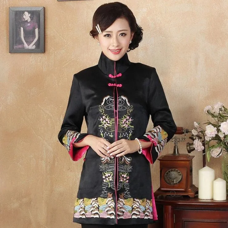 Stand Collar Floral Embroidery Silk Blend Chinese Wind Coat