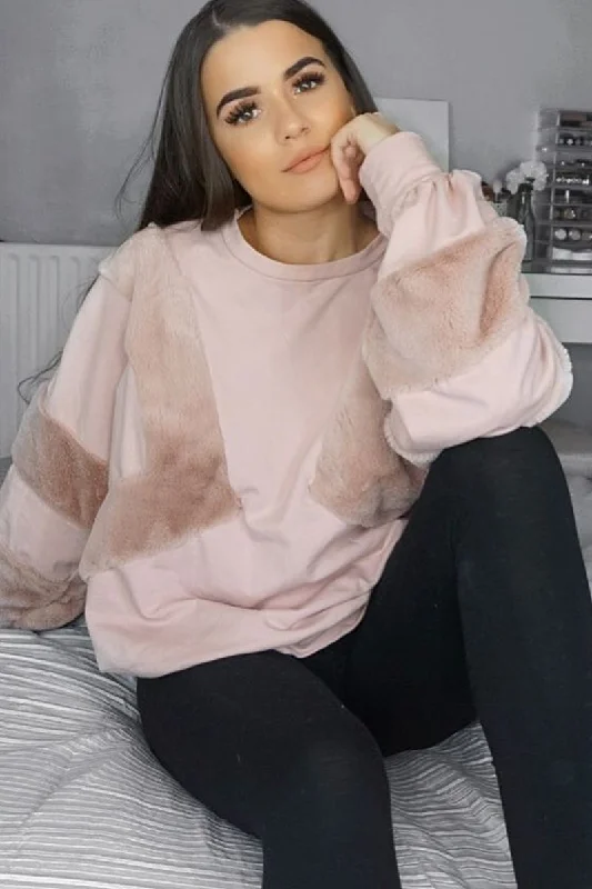 Rose Jumper with Fur on Front and Sleeves - Mercedes Pullover Sweater with Design