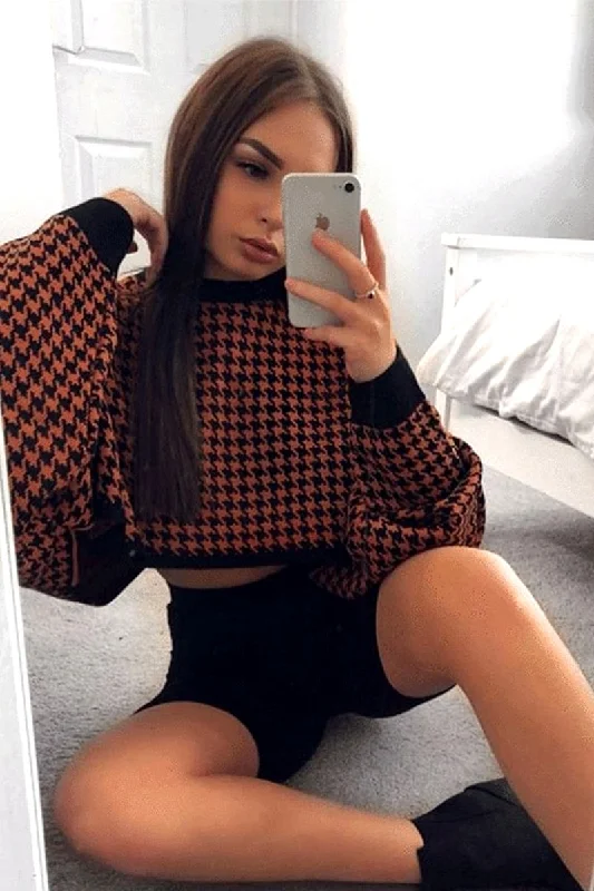 Rust Hounds Tooth Cropped Batwing Jumper - Lizy Oversized Pullover Sweater