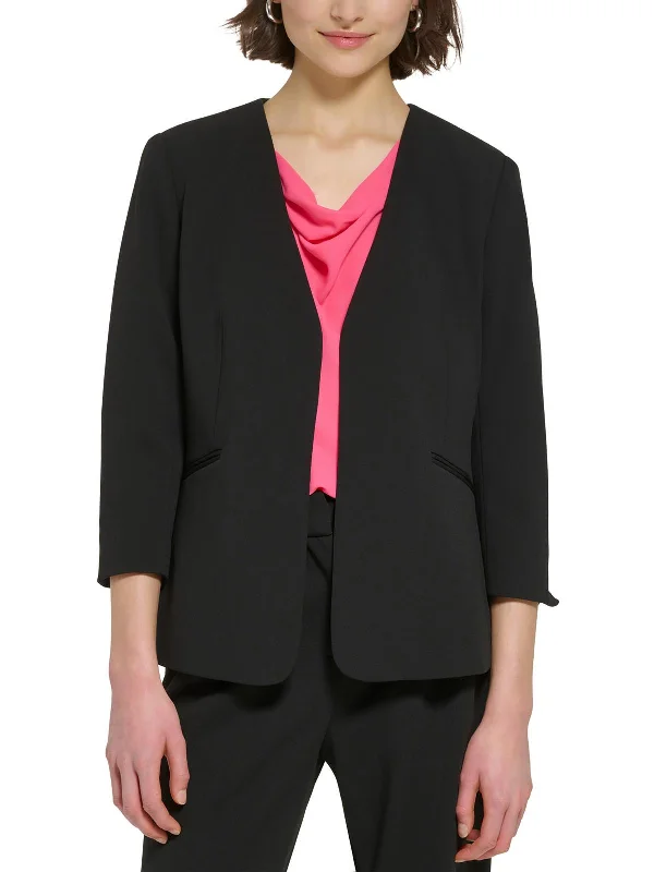 Petites Womens Woven Collarless Open-Front Blazer Slim Fit Blazer Jacket