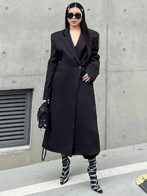 SYNEZ Solid Color Black Long Sleeve Button Up Long Coat