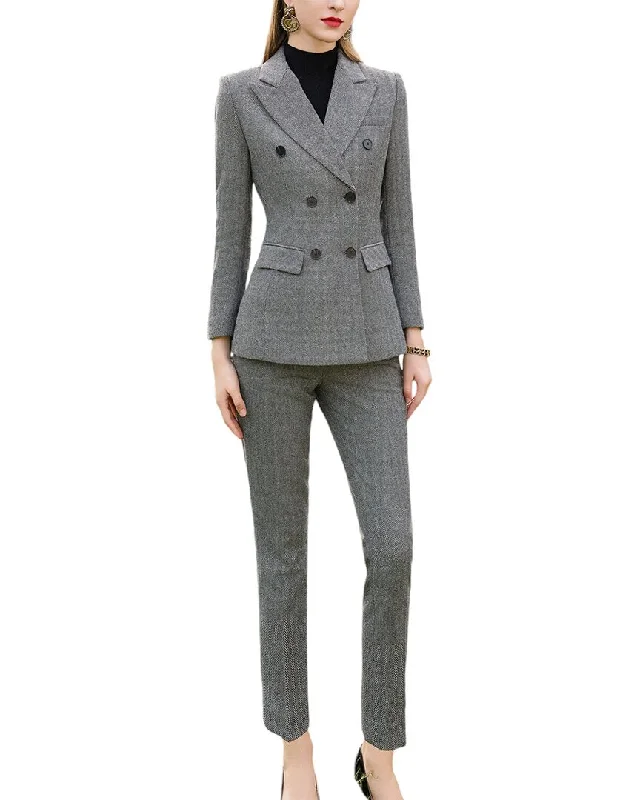 Anette 2pc Wool-Blend Blazer & Pant Set Elegant Tweed Blazer