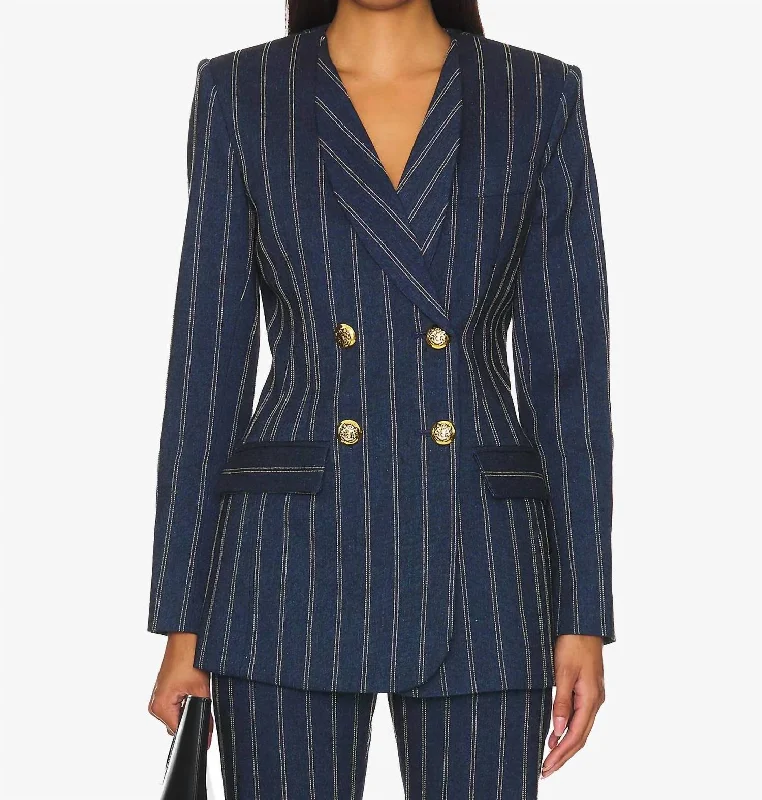 Collarless Double Breasted Blazer In Indigo Stripe Lightweight Work Blazer