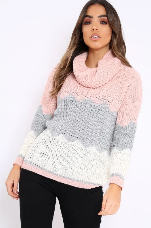 Rose Grey and White ZigZag Patterned Roll Neck Jumper - Nataley Pullover with Button Detail