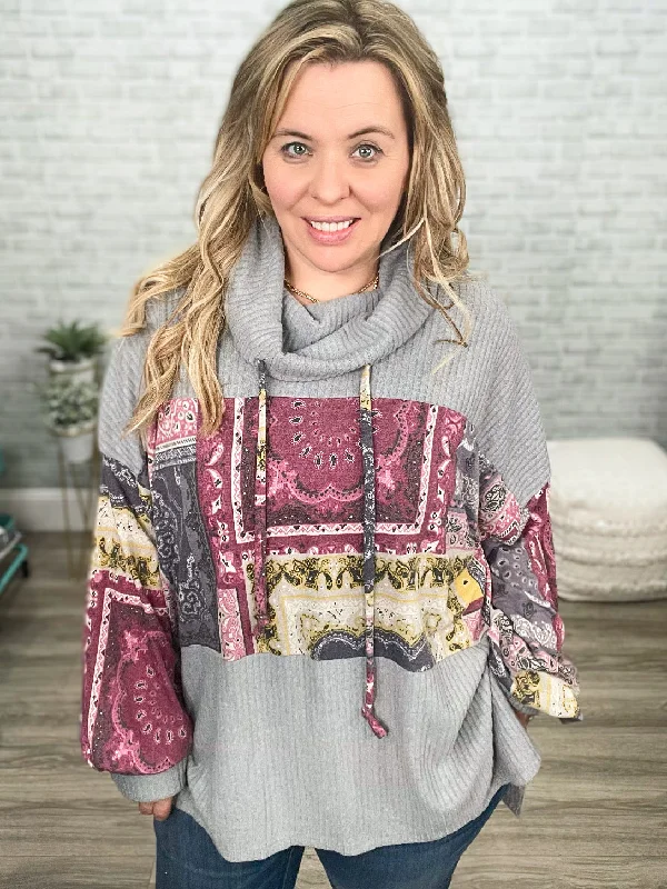 Ribbed Gray Funnel Neck Tunic with Paisley Print Soft Sweatshirts for Women