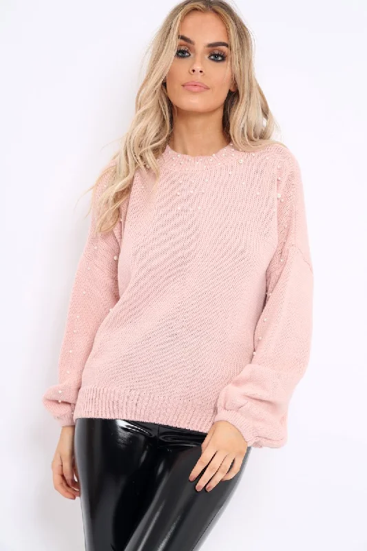 Rose Puff Sleeve Pearl Chunky Knit Jumper - Nancie Women’s Ribbed Pullover