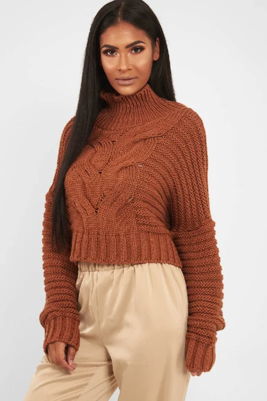 Rust Cable Knit Sleeve Detail Jumper - Miyonna Pullover Hoodie Sweater