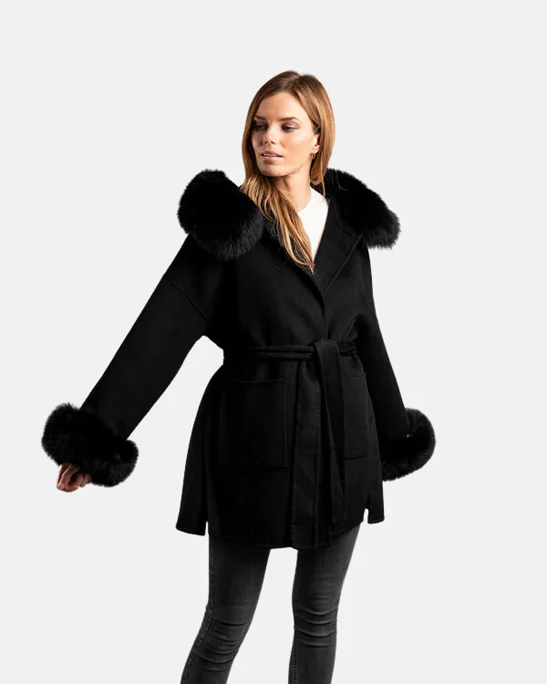 Merible Cashmere Wrap Belt Coat Fox Fur Hood