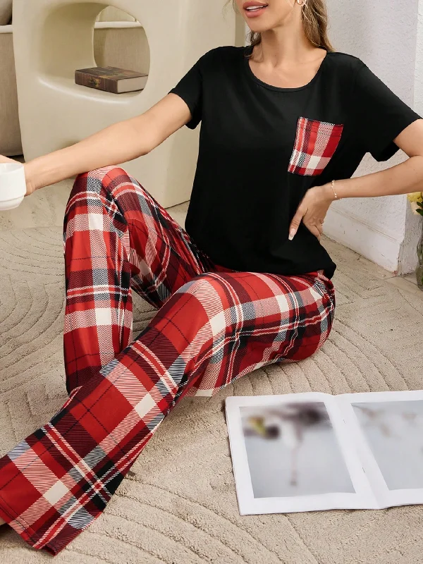 1pc Short Sleeve Plaid Wide Leg Casual Sleepwear Set Couple pajama sets