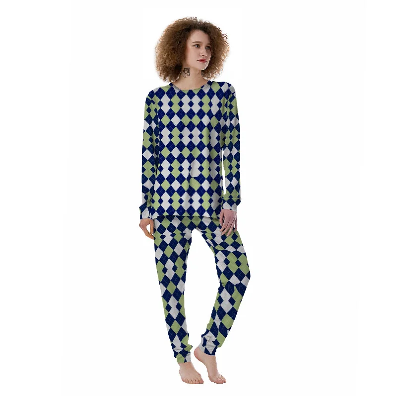 Navy Green And White Argyle Print Women's Pajamas Vintage pajama sets