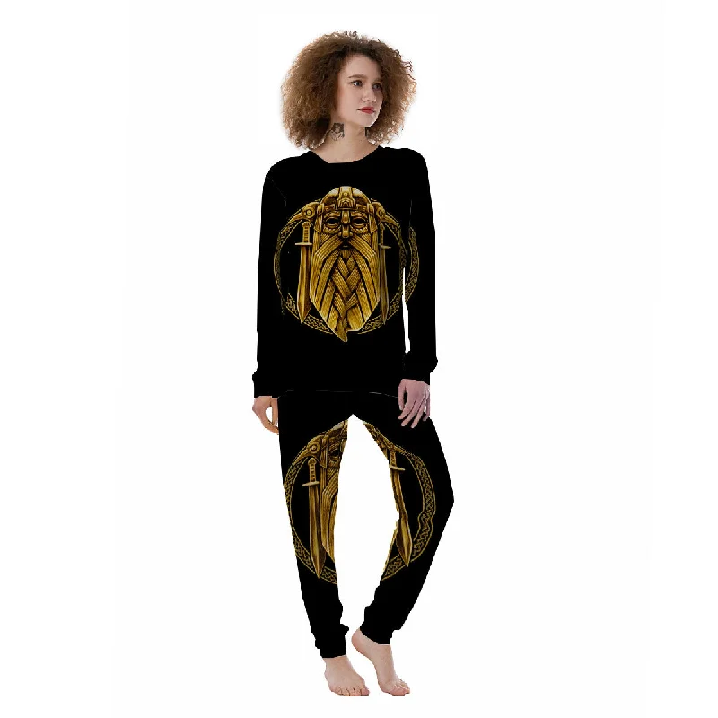 Norse God Odin Gold Viking Print Women's Pajamas Best pajama sets for elderly women