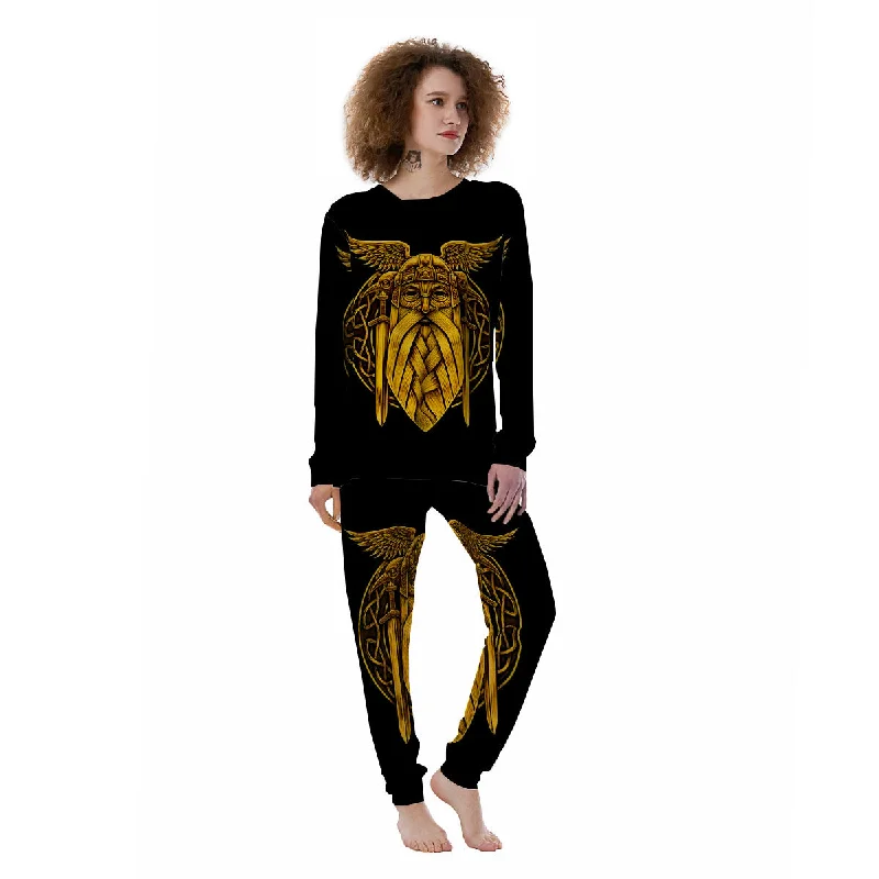 Odin God And Crow Gold Viking Print Women's Pajamas Hoodie pajama sets