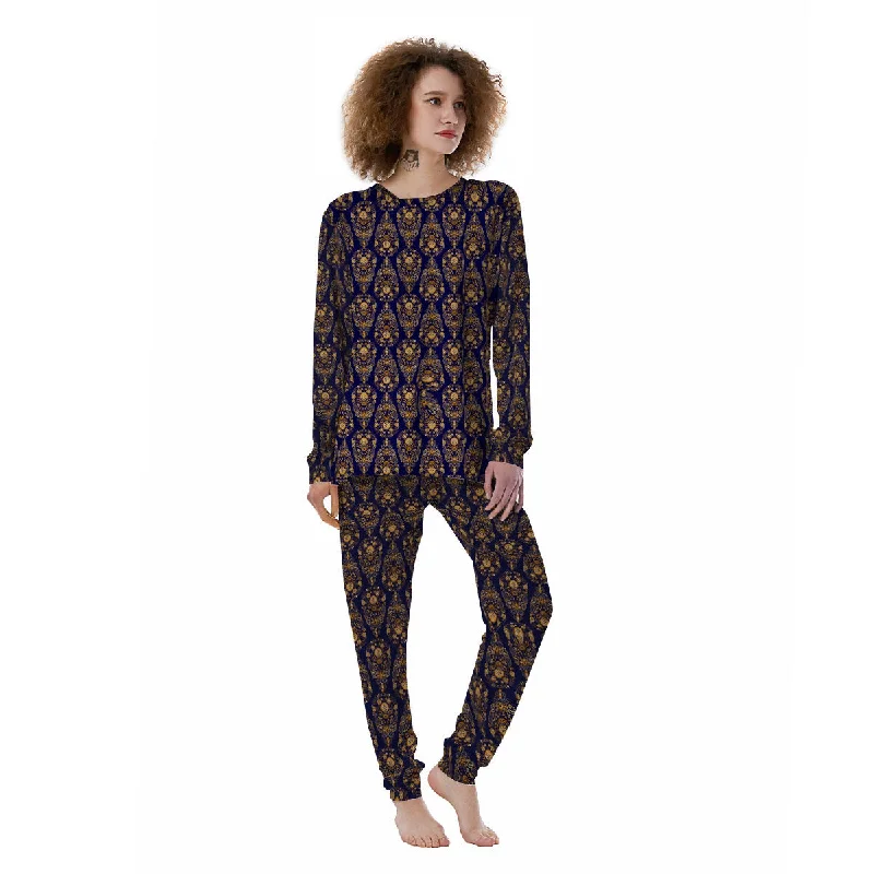 Paisley Blue And Gold Print Pattern Women's Pajamas Velvet pajama sets