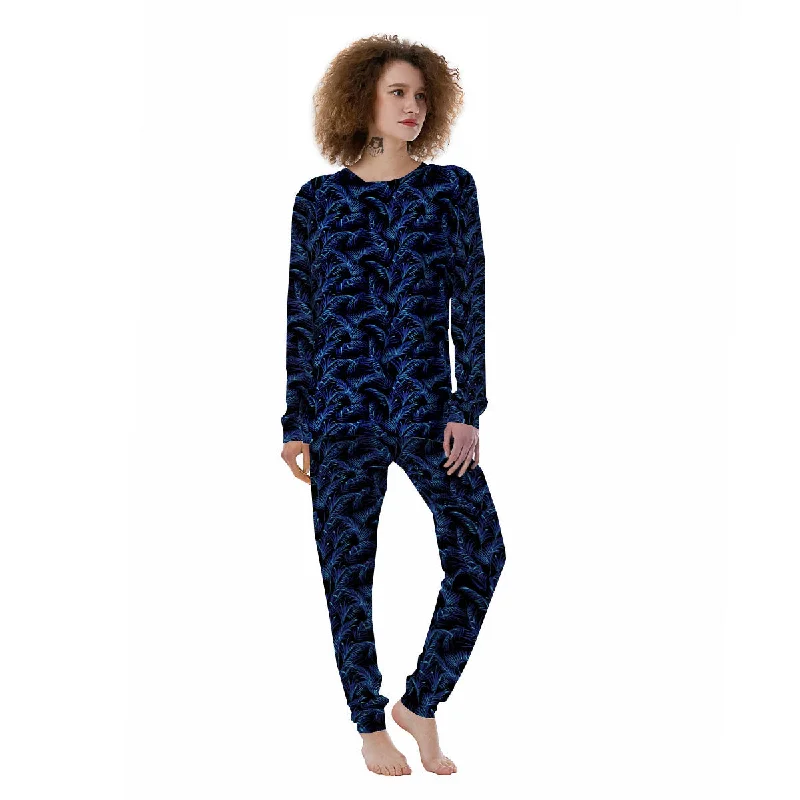 Palm Leaf Dark Tropical Print Pattern Women's Pajamas Best-selling pajama sets 2024