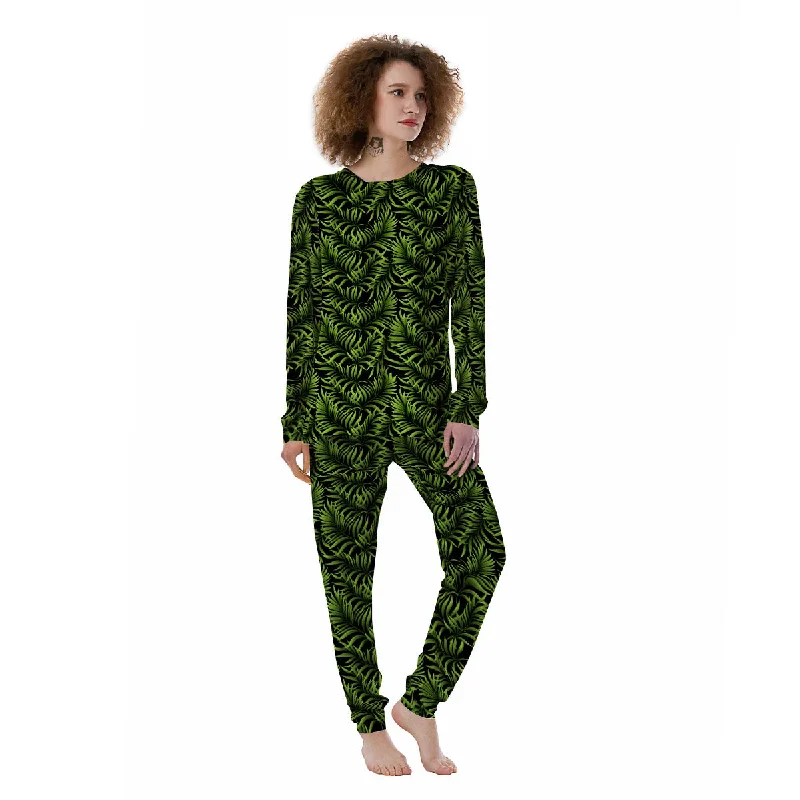 Palm Leaf Green Tropical Print Pattern Women's Pajamas Matching couple pajama sets