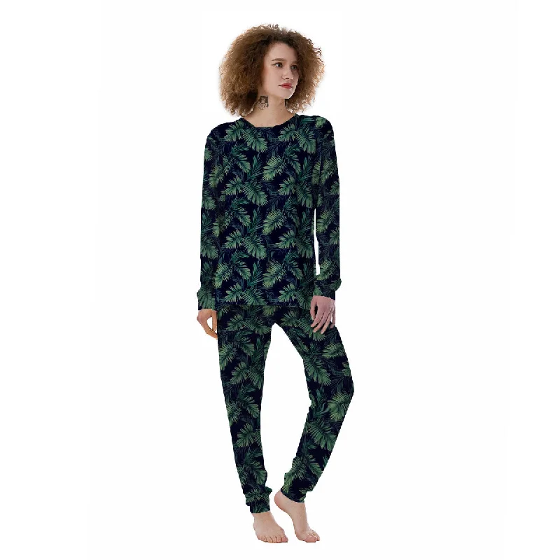 Palm Leaves Dark Tropical Print Pattern Women's Pajamas Best pajama sets for teens