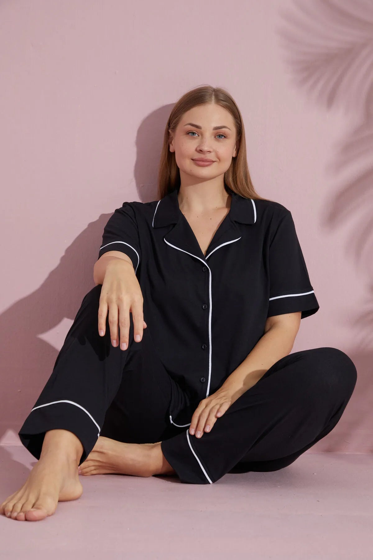 Pijamood  Plus Size Women's Black Short Sleeve Cotton Front Buttoned Pijama Set Macy’s pajama sets