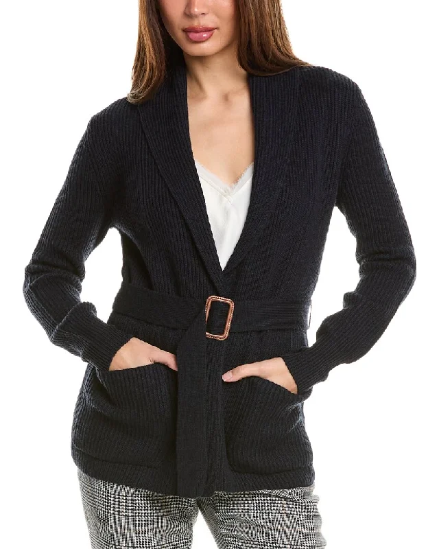 Bruno Magli Ribbed Belted Shawl Wool Cardigan Date night sweaters