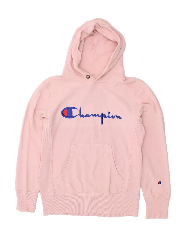 CHAMPION Womens Graphic Hoodie Jumper UK 14 Medium Pink Cotton Party sweaters