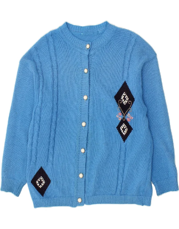 VINTAGE Womens Cardigan Sweater UK 16 Large Blue Argyle/Diamond Cotton Crewneck sweaters