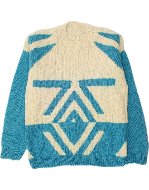 VINTAGE Womens Crew Neck Jumper Sweater UK 14 Large Blue Geometric Travel sweaters