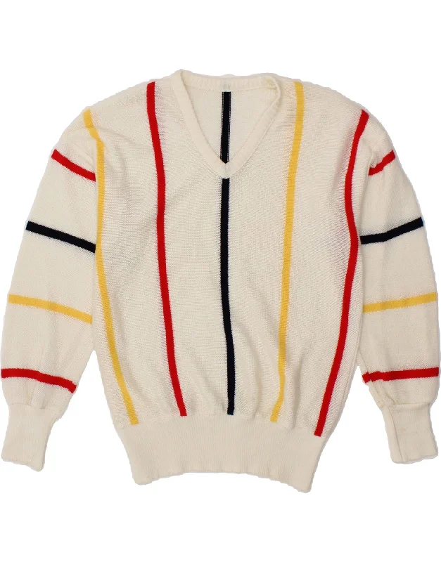 VINTAGE Womens V-Neck Jumper Sweater UK 10 Small White Striped High-end sweaters